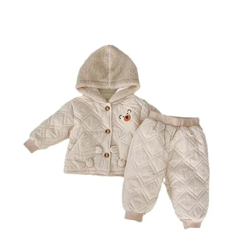 長袖セットアップ ベビーキッズセットアップ 2点セット ベアくまキルティングフーディジャケット+キルティング防寒ロングパンツ 2カラー【mh0007583】