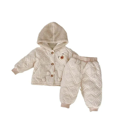 長袖セットアップ ベビーキッズセットアップ 2点セット ベアくまキルティングフーディジャケット+キルティング防寒ロングパンツ 2カラー【mh0007583】