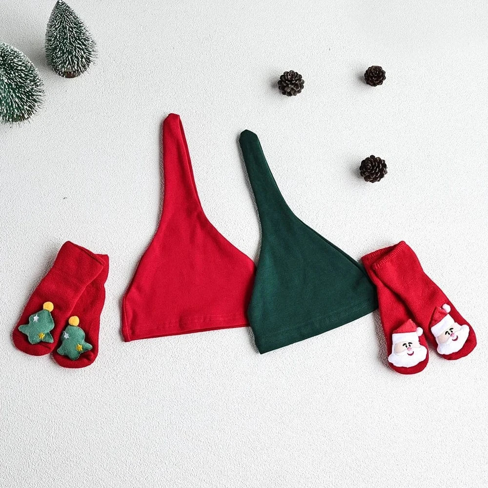 ロンパースセットアップ ベビーセットアップ 2点セット クリスマスプリント長袖ロンパース+ロングパンツ+ニットキャップ 2カラー【mh0007692】