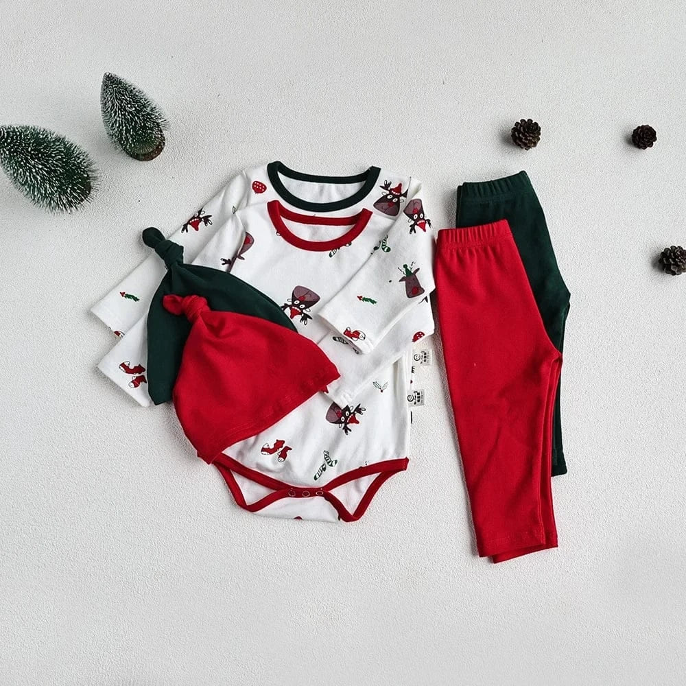 ロンパースセットアップ ベビーセットアップ 2点セット クリスマスプリント長袖ロンパース+ロングパンツ+ニットキャップ 2カラー【mh0007692】