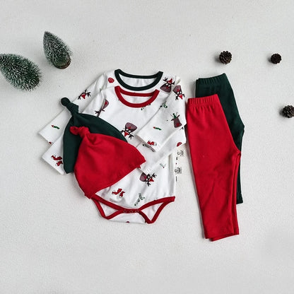 ロンパースセットアップ ベビーセットアップ 2点セット クリスマスプリント長袖ロンパース+ロングパンツ+ニットキャップ 2カラー【mh0007692】