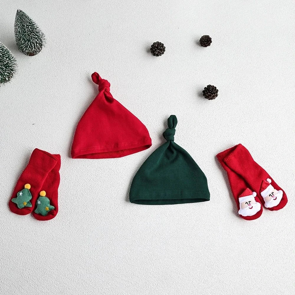 ロンパースセットアップ ベビーセットアップ 2点セット クリスマスプリント長袖ロンパース+ロングパンツ+ニットキャップ 2カラー【mh0007692】