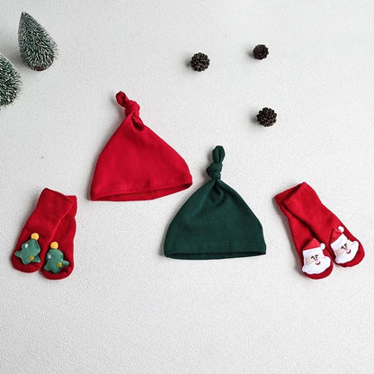 ロンパースセットアップ ベビーセットアップ 2点セット クリスマスプリント長袖ロンパース+ロングパンツ+ニットキャップ 2カラー【mh0007692】