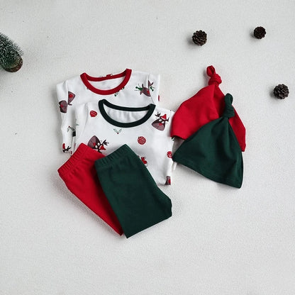 ロンパースセットアップ ベビーセットアップ 2点セット クリスマスプリント長袖ロンパース+ロングパンツ+ニットキャップ 2カラー【mh0007692】