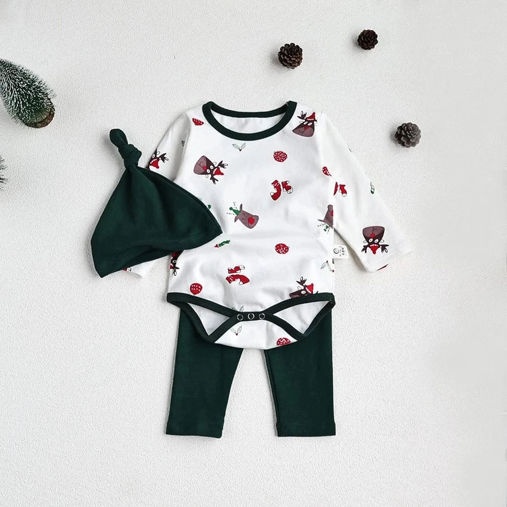 ロンパースセットアップ ベビーセットアップ 2点セット クリスマスプリント長袖ロンパース+ロングパンツ+ニットキャップ 2カラー【mh0007692】