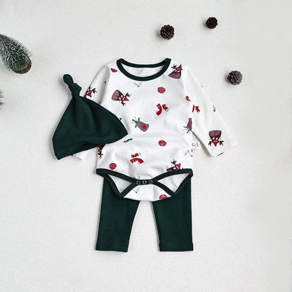 ロンパースセットアップ ベビーセットアップ 2点セット クリスマスプリント長袖ロンパース+ロングパンツ+ニットキャップ 2カラー【mh0007692】