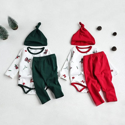 ロンパースセットアップ ベビーセットアップ 2点セット クリスマスプリント長袖ロンパース+ロングパンツ+ニットキャップ 2カラー【mh0007692】
