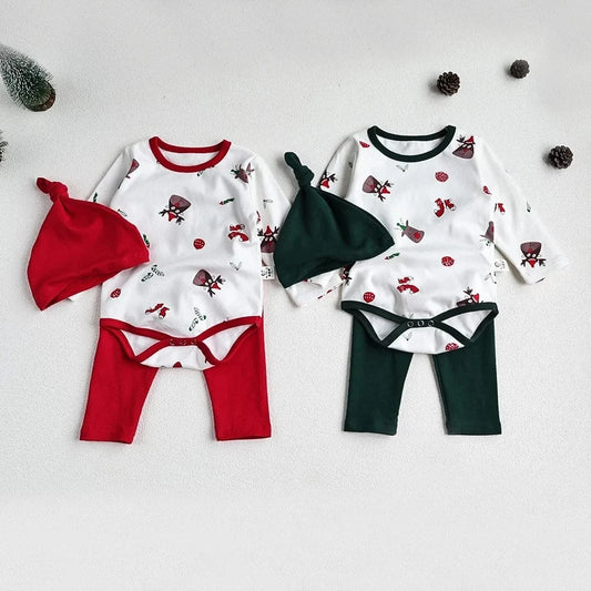 ロンパースセットアップ ベビーセットアップ 2点セット クリスマスプリント長袖ロンパース+ロングパンツ+ニットキャップ 2カラー【mh0007692】