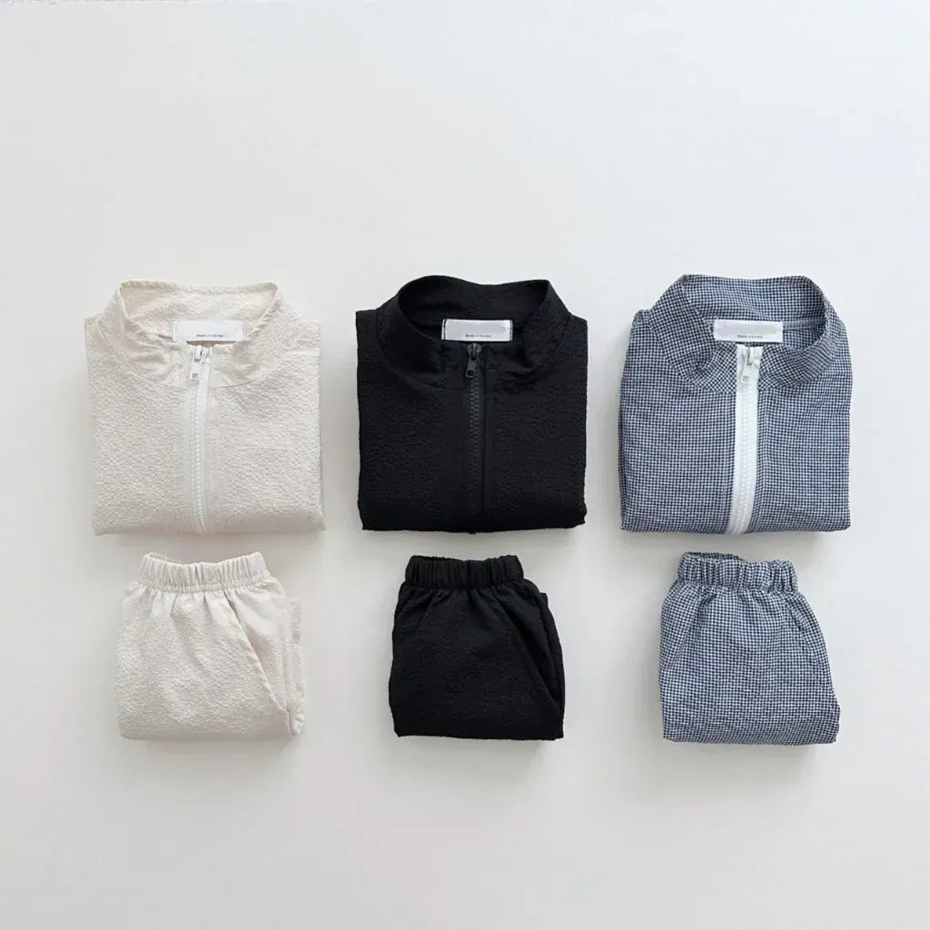 長袖セットアップ キッズセットアップ 2点セット ウィンドブレーカー ジャンパー+ショートパンツ シンプルベーシック 無地/チェック 3カラー