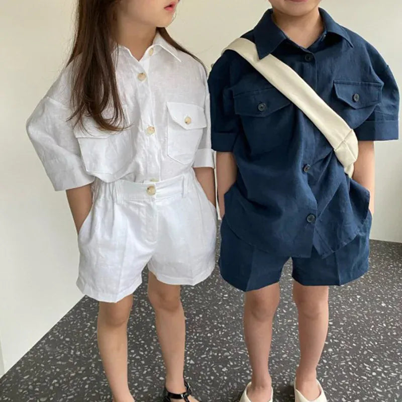 半袖セットアップ キッズセットアップ 2点セット 半袖サファリシャツ+ショートパンツ シンプルベーシック 3カラー