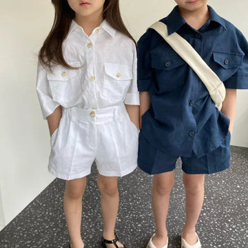 半袖セットアップ キッズセットアップ 2点セット 半袖サファリシャツ+ショートパンツ シンプルベーシック 3カラー