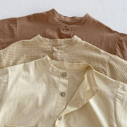 半袖セットアップ ☺︎ キッズセットアップ 2点セット ノーカラー半袖シャツ ショートパンツ シンプルベーシック 3カラー