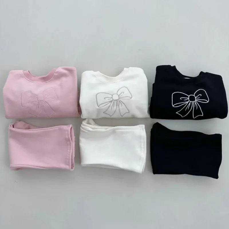 長袖セットアップ キッズセットアップ 2点セット スウェットシャツ フレアパンツ リボン刺繍 長袖パフスリーブトレーナー 3カラー