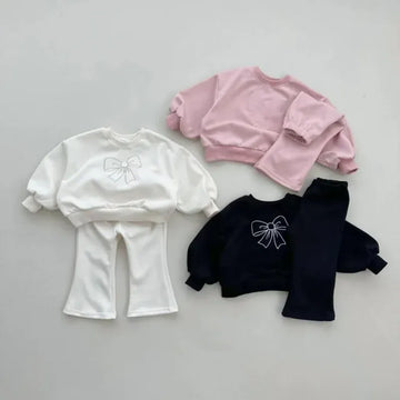 長袖セットアップ キッズセットアップ 2点セット スウェットシャツ フレアパンツ リボン刺繍 長袖パフスリーブトレーナー 3カラー
