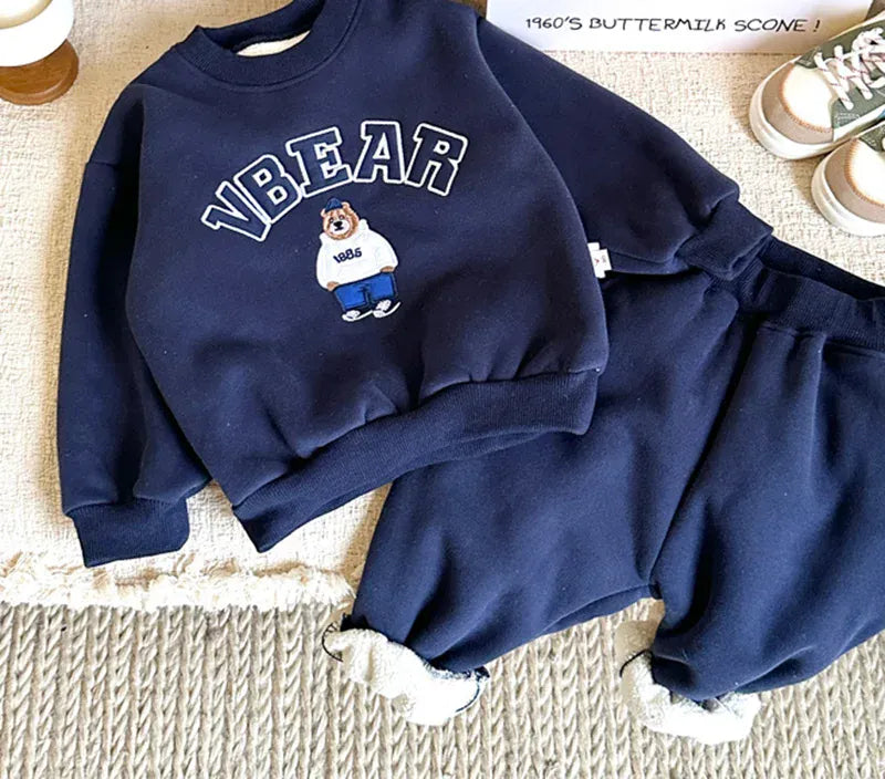 長袖セットアップ キッズセットアップ 2点セット 裏フリーススウェットトレーナー パンツ くまベア刺繍ロゴ 3カラー ボーイズ 男の子 子供服