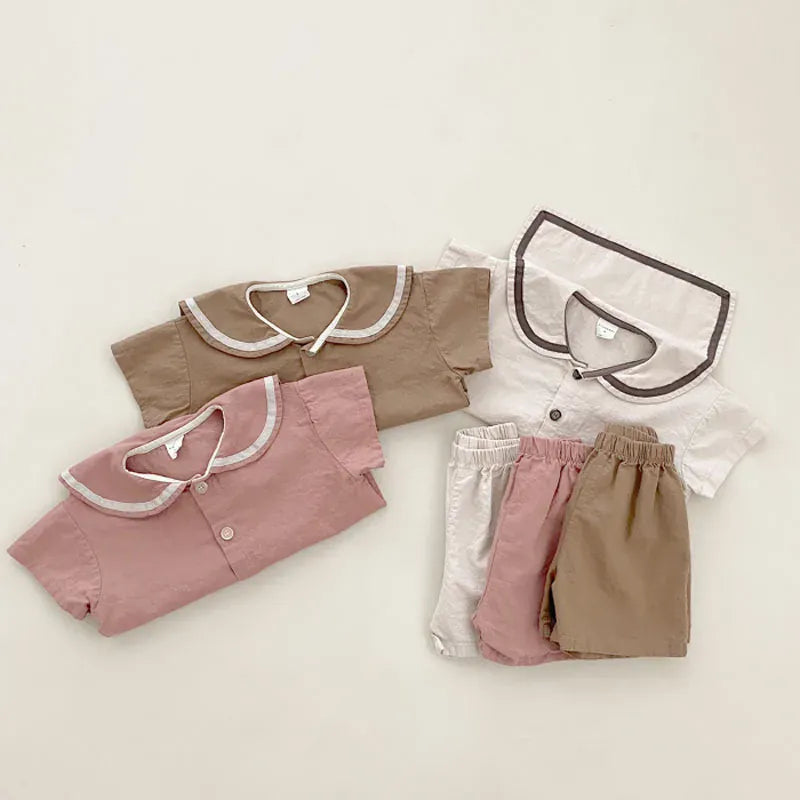 半袖セットアップ ベビーキッズセットアップ 2点セット セーラーカラー半袖シャツ+ショートパンツ 3カラー【mh0004768】