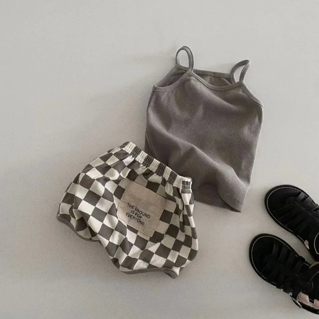 ノースリーブセットアップ ベビーセットアップ 2点セット キャミソール+チェックブルマパンツ 3カラー【mh0006031】