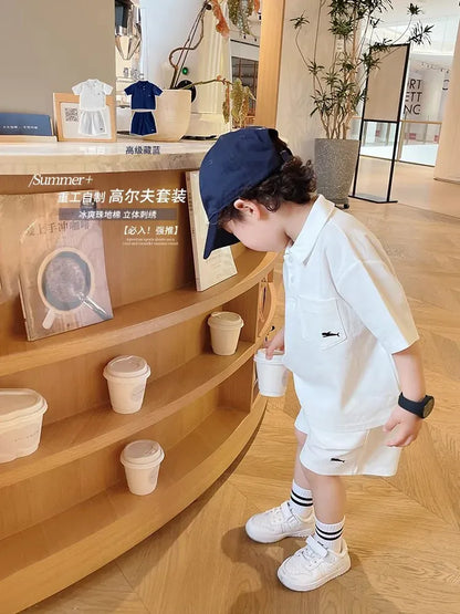 半袖セットアップ キッズセットアップ 2点セット 半袖ポロシャツ+ショートパンツ ワンポイント刺繍 3カラー【mh0006033】