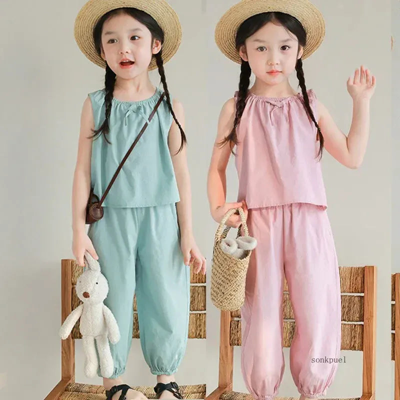 ノースリーブセットアップ キッズセットアップ 2点セット ノースリーブブラウス+ルーズクロップドパンツ 3カラー【mh0006117】