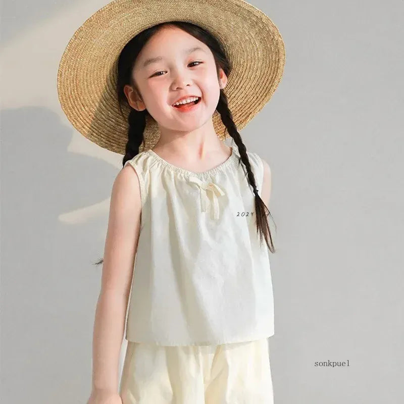 ノースリーブセットアップ キッズセットアップ 2点セット ノースリーブブラウス+ルーズクロップドパンツ 3カラー【mh0006117】