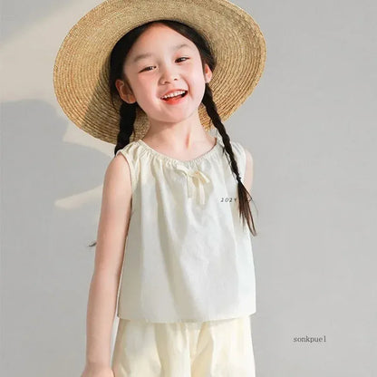 ノースリーブセットアップ キッズセットアップ 2点セット ノースリーブブラウス+ルーズクロップドパンツ 3カラー【mh0006117】