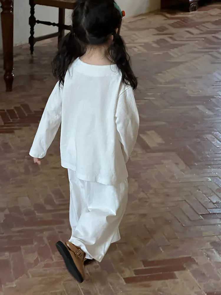 長袖セットアップ キッズセットアップ 2点セット 長袖ルーズシャツ+ワイドルーズパンツ シンプルベーシック 3カラー【mh0006903】