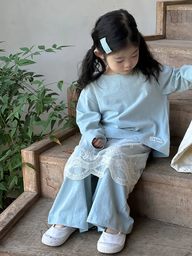 長袖セットアップ キッズセットアップ 2点セット 長袖ルーズシャツ+ワイドルーズパンツ シンプルベーシック 3カラー【mh0006903】