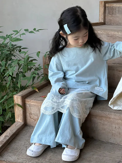 長袖セットアップ キッズセットアップ 2点セット 長袖ルーズシャツ+ワイドルーズパンツ シンプルベーシック 3カラー【mh0006903】