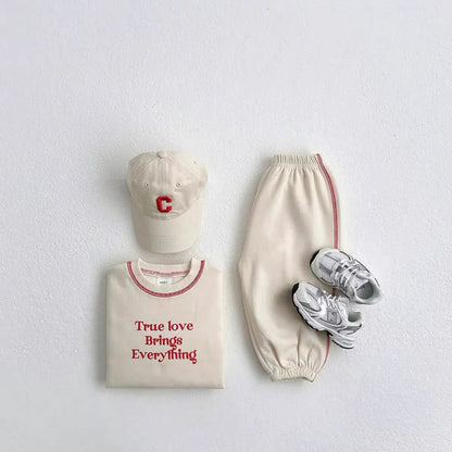 長袖セットアップ ベビーキッズセットアップ 2点セット ステッチアクセントレターロゴ刺繍長袖スウェットシャツ+ルーズスウェットパンツ 3カラー【mh0007253】