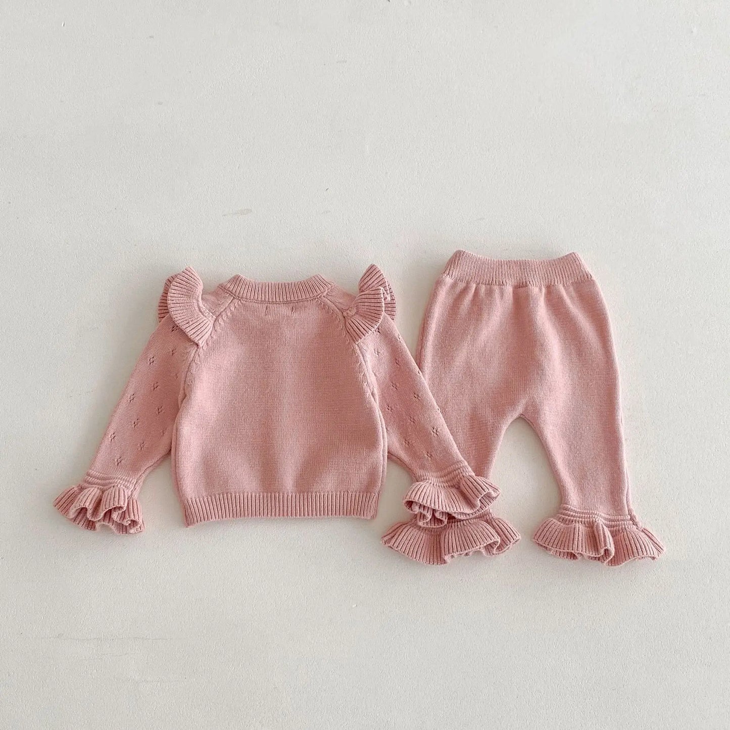 長袖セットアップ ベビーセットアップ 2点セット ニットショルダーフリルカーディガン+ニット裾フリルパンツ 3カラー【mh0007303】