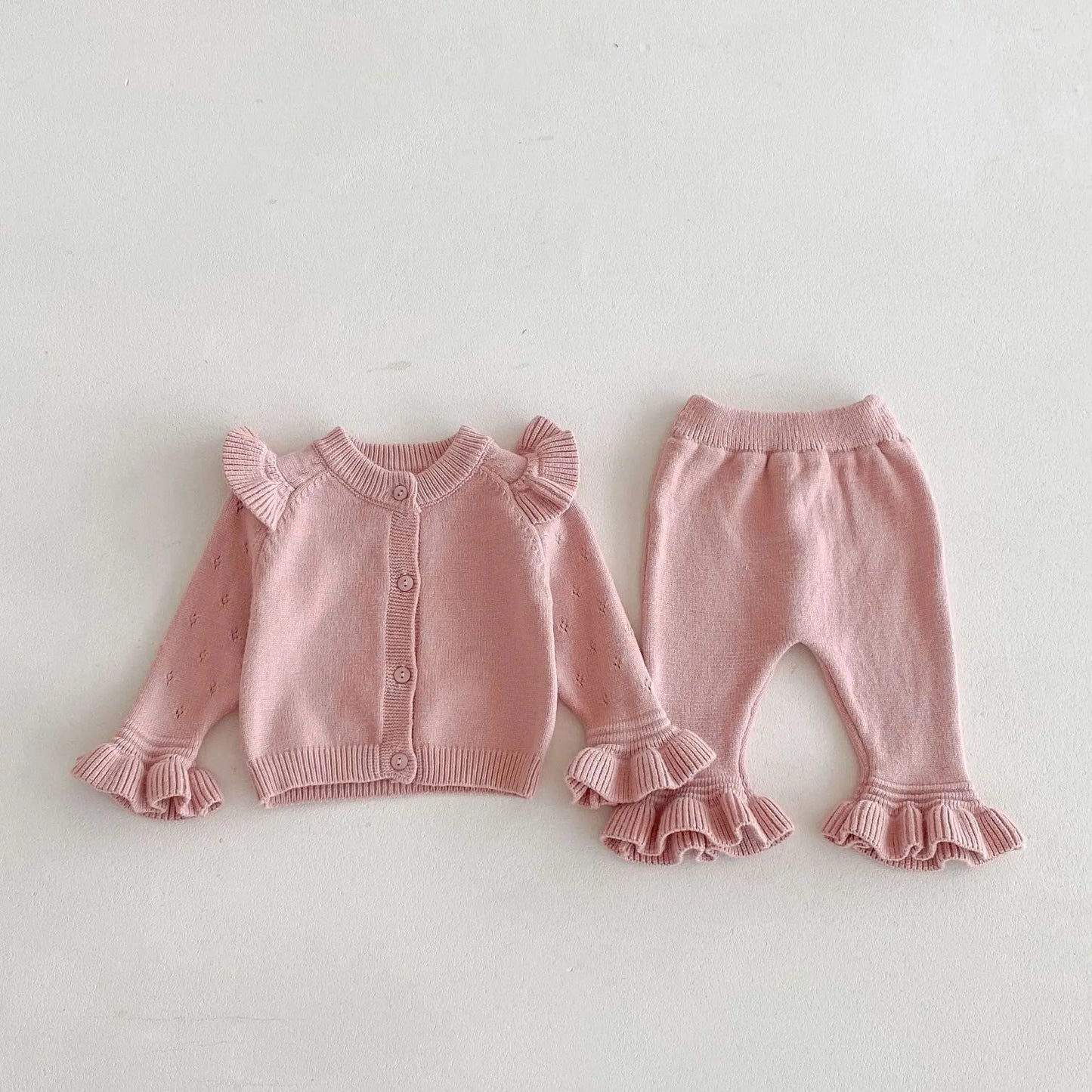長袖セットアップ ベビーセットアップ 2点セット ニットショルダーフリルカーディガン+ニット裾フリルパンツ 3カラー【mh0007303】