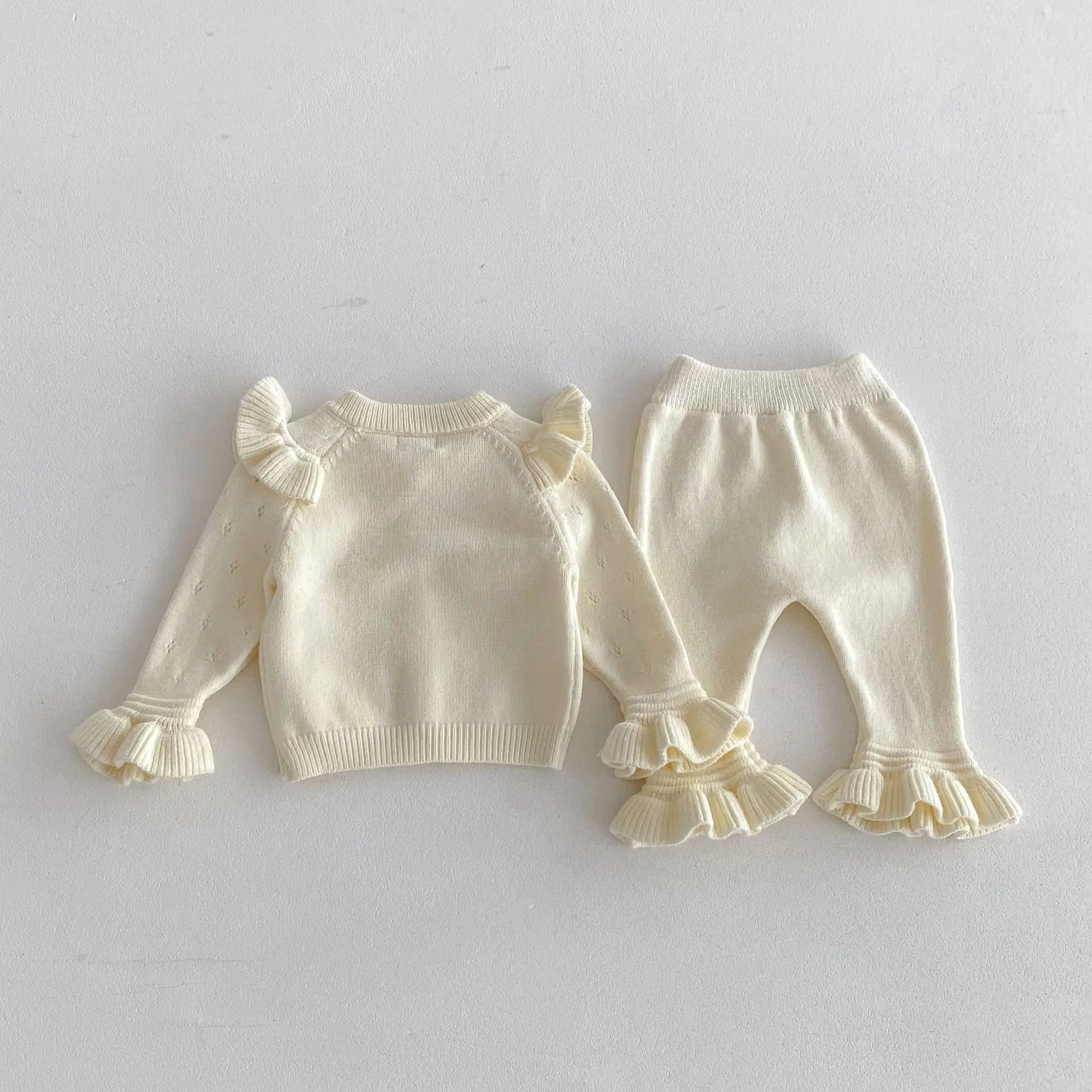 長袖セットアップ ベビーセットアップ 2点セット ニットショルダーフリルカーディガン+ニット裾フリルパンツ 3カラー【mh0007303】