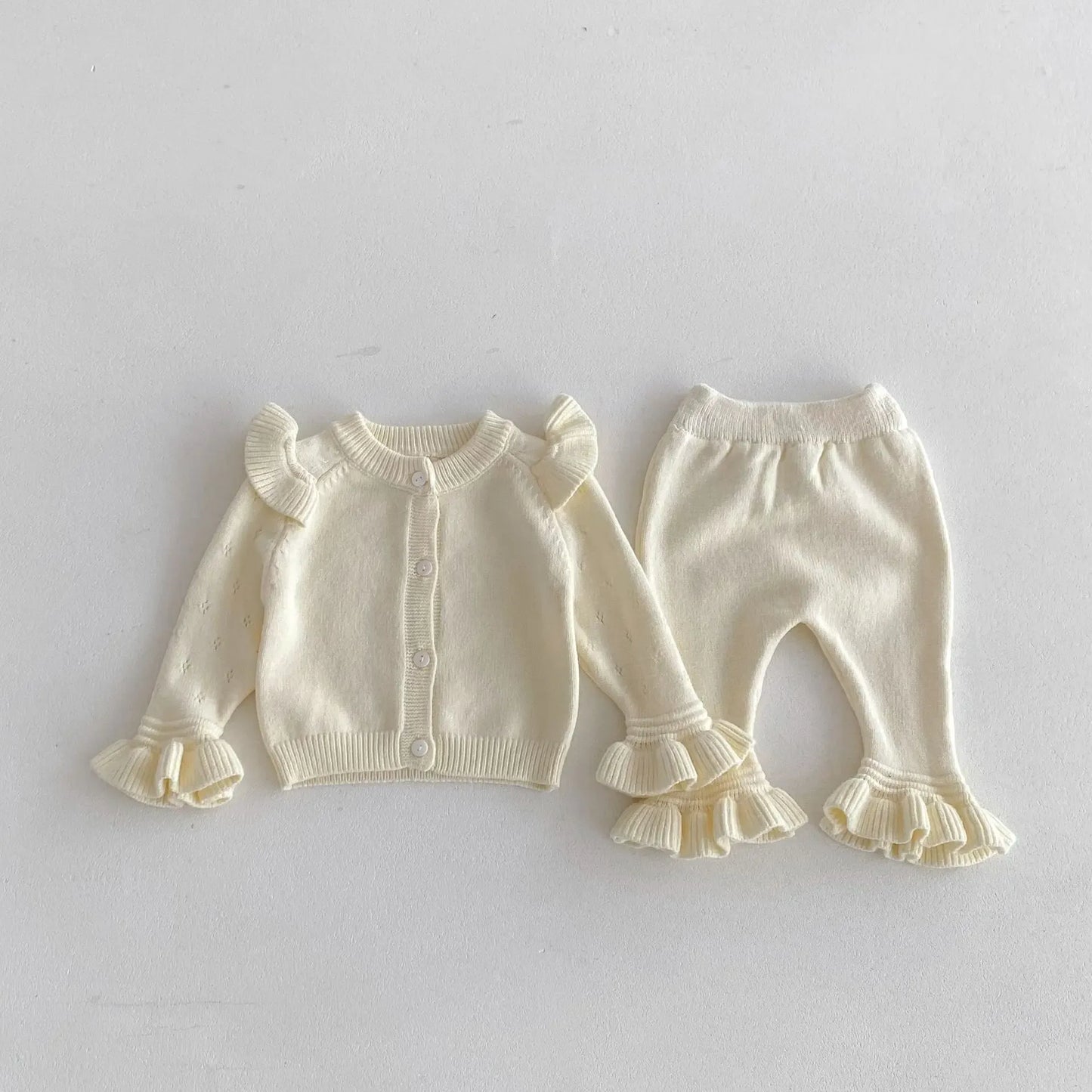 長袖セットアップ ベビーセットアップ 2点セット ニットショルダーフリルカーディガン+ニット裾フリルパンツ 3カラー【mh0007303】
