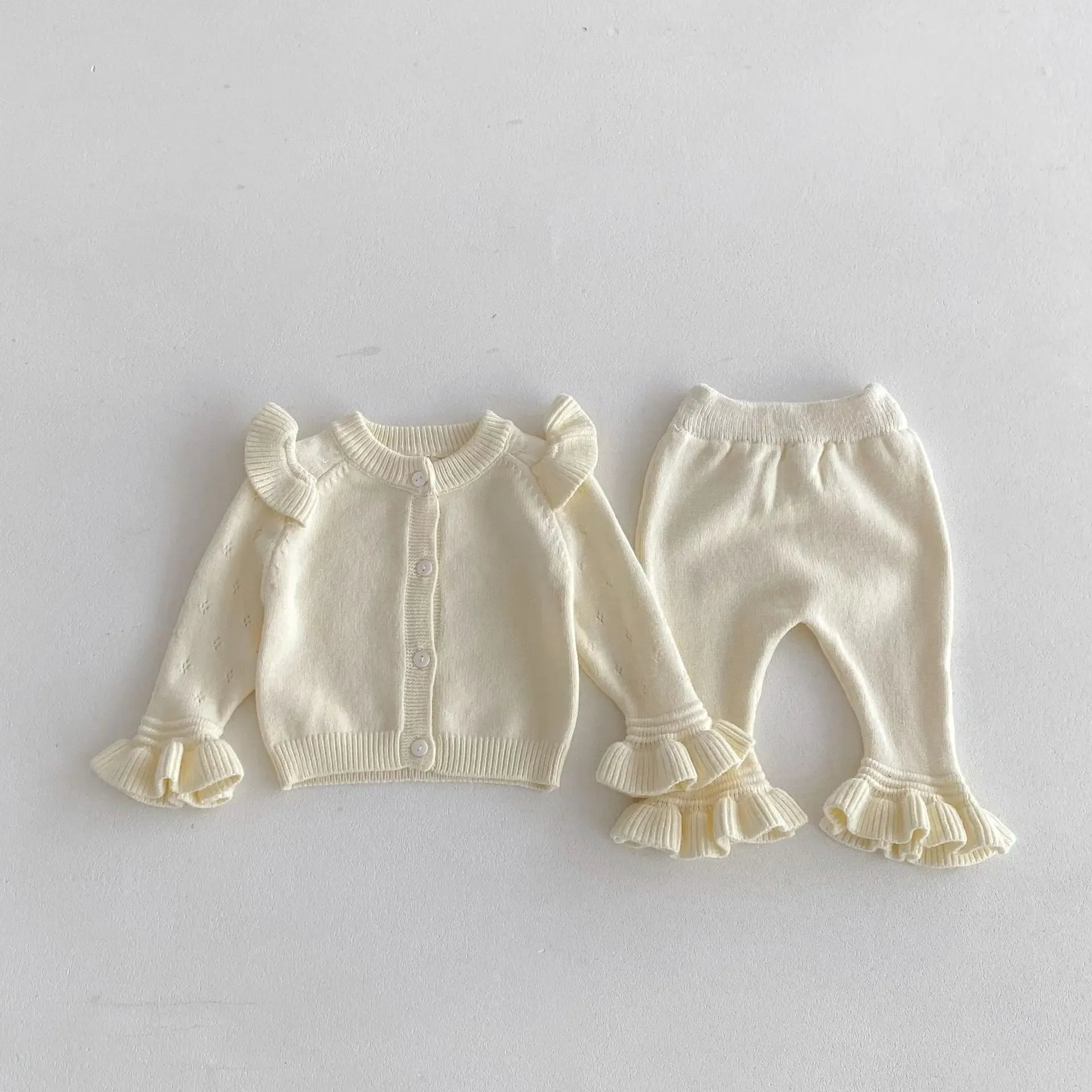 長袖セットアップ ベビーセットアップ 2点セット ニットショルダーフリルカーディガン+ニット裾フリルパンツ 3カラー【mh0007303】