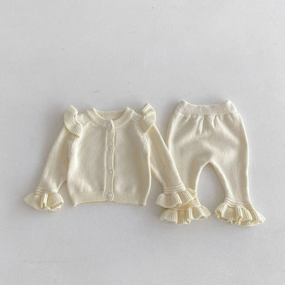 長袖セットアップ ベビーセットアップ 2点セット ニットショルダーフリルカーディガン+ニット裾フリルパンツ 3カラー【mh0007303】