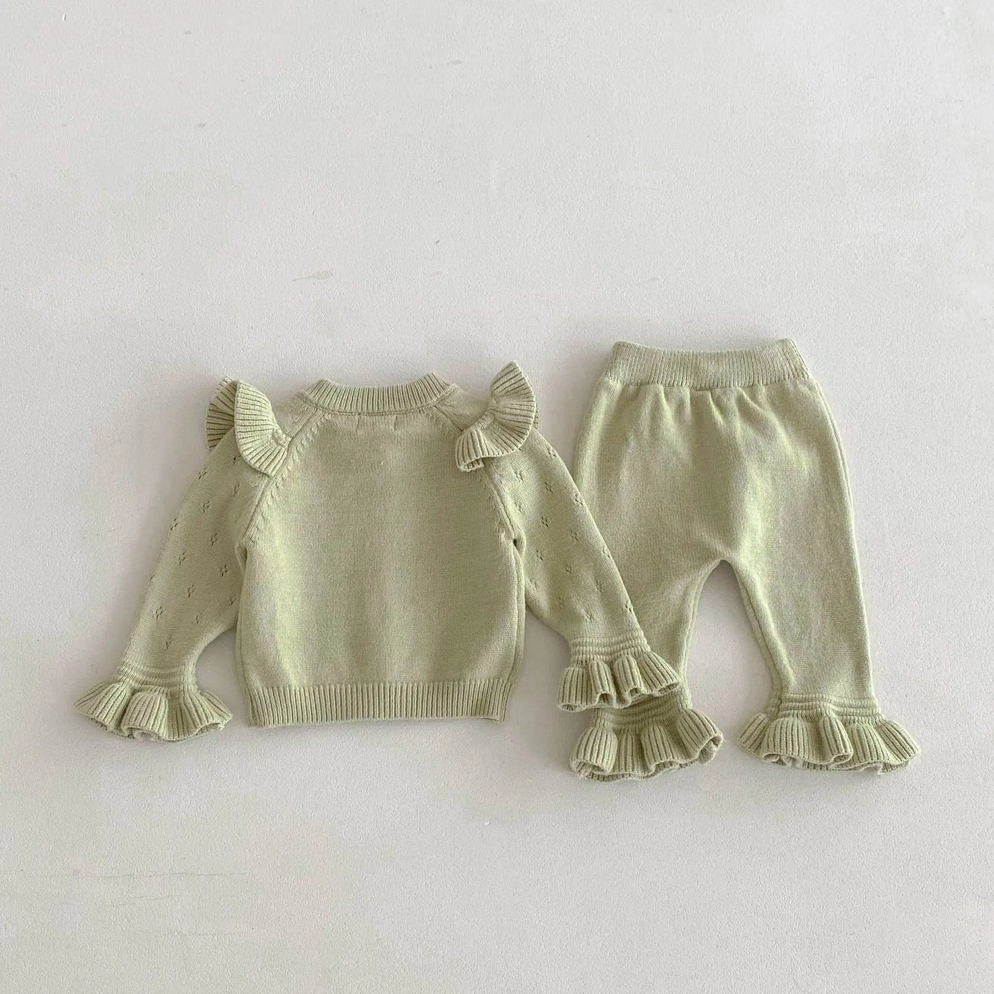 長袖セットアップ ベビーセットアップ 2点セット ニットショルダーフリルカーディガン+ニット裾フリルパンツ 3カラー【mh0007303】