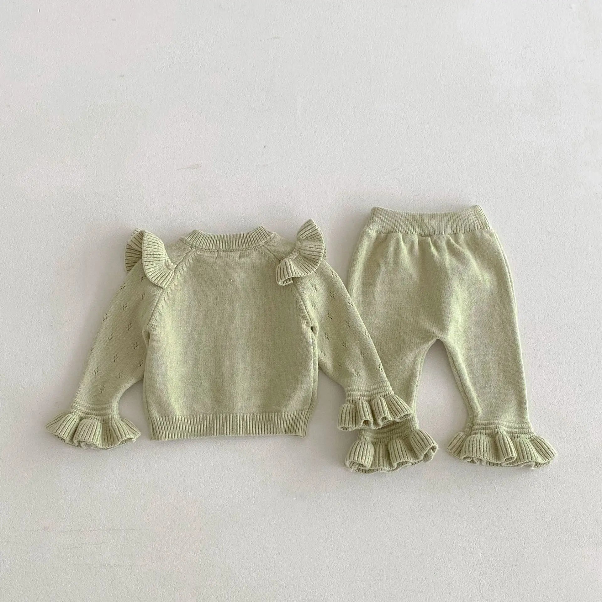 長袖セットアップ ベビーセットアップ 2点セット ニットショルダーフリルカーディガン+ニット裾フリルパンツ 3カラー【mh0007303】