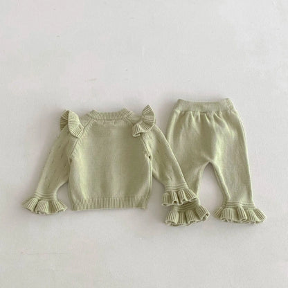 長袖セットアップ ベビーセットアップ 2点セット ニットショルダーフリルカーディガン+ニット裾フリルパンツ 3カラー【mh0007303】