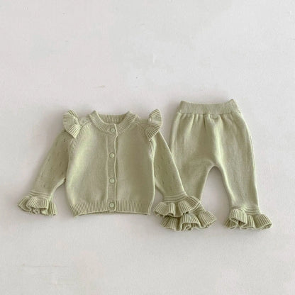 長袖セットアップ ベビーセットアップ 2点セット ニットショルダーフリルカーディガン+ニット裾フリルパンツ 3カラー【mh0007303】
