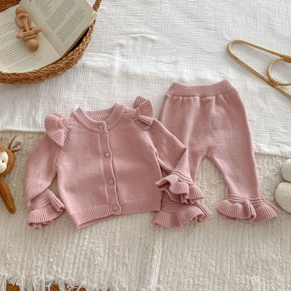長袖セットアップ ベビーセットアップ 2点セット ニットショルダーフリルカーディガン+ニット裾フリルパンツ 3カラー【mh0007303】