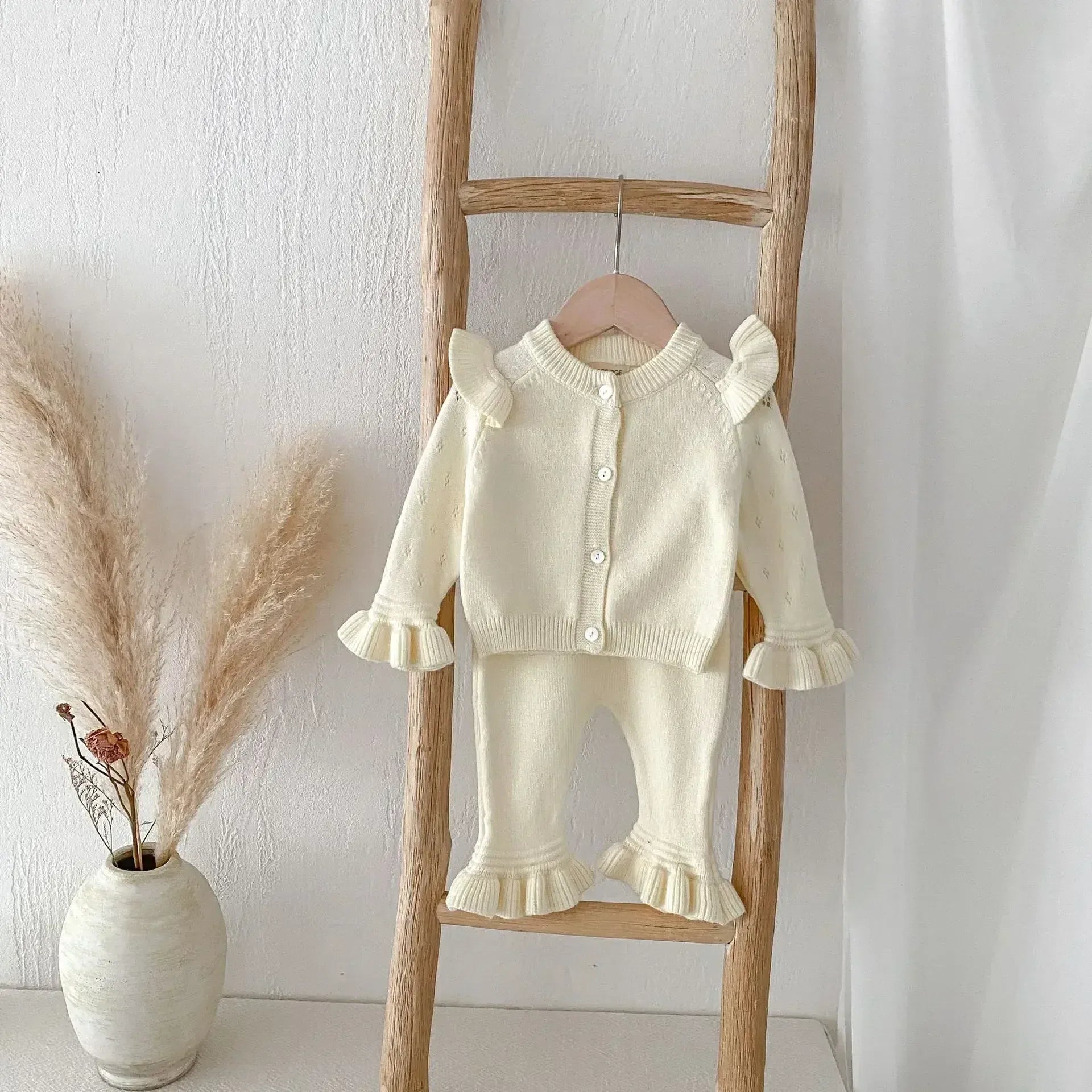 長袖セットアップ ベビーセットアップ 2点セット ニットショルダーフリルカーディガン+ニット裾フリルパンツ 3カラー【mh0007303】