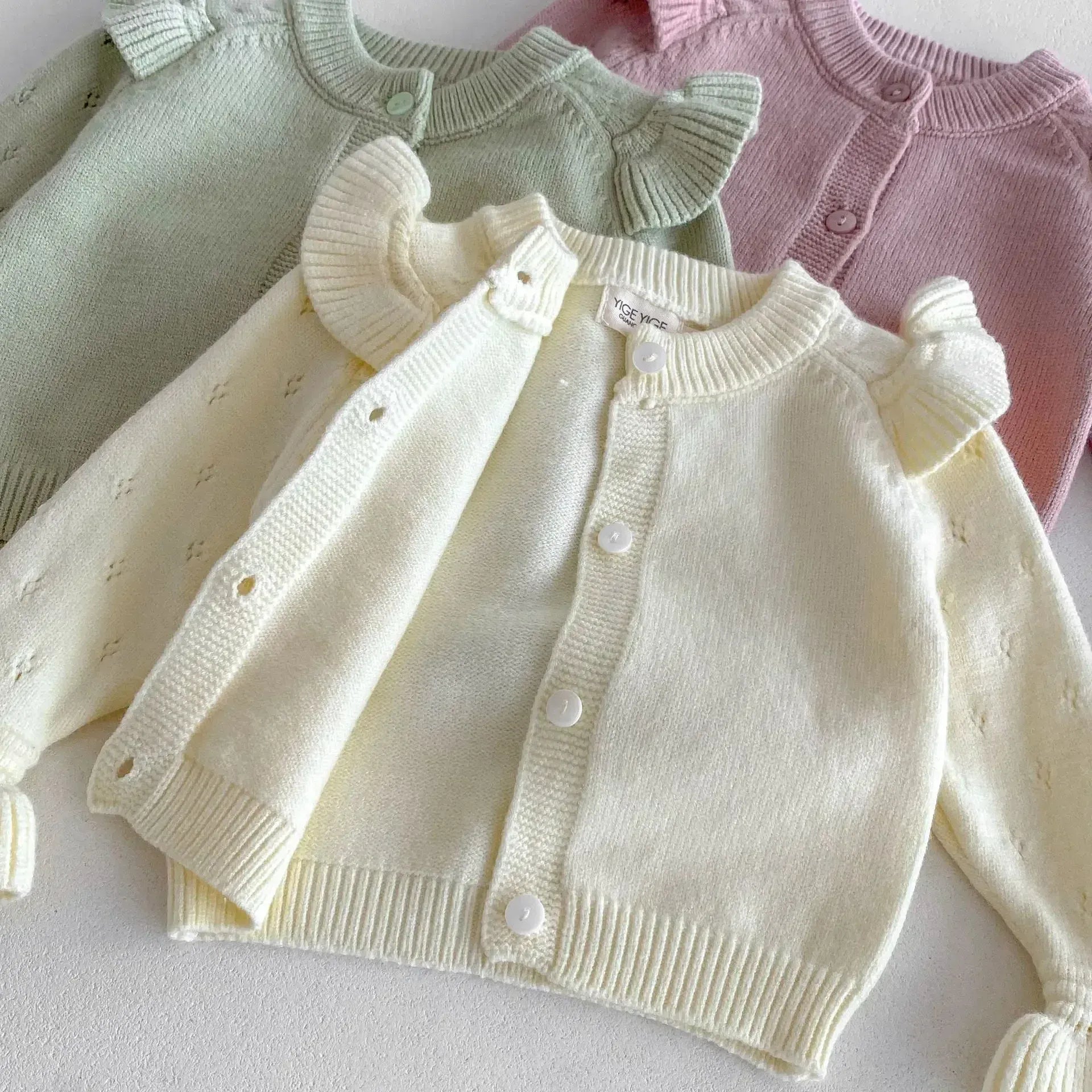 長袖セットアップ ベビーセットアップ 2点セット ニットショルダーフリルカーディガン+ニット裾フリルパンツ 3カラー【mh0007303】