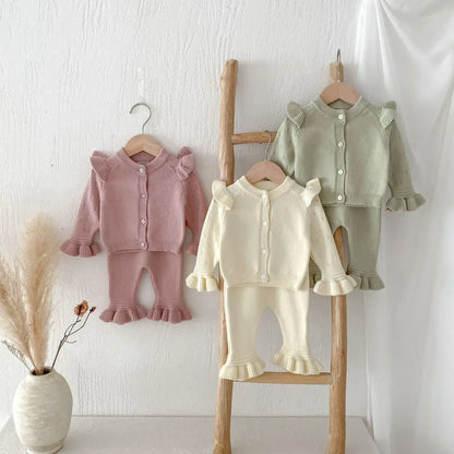 長袖セットアップ ベビーセットアップ 2点セット ニットショルダーフリルカーディガン+ニット裾フリルパンツ 3カラー【mh0007303】