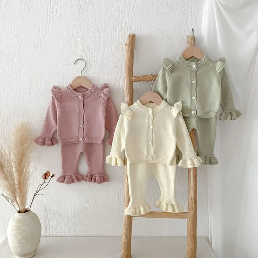 長袖セットアップ ベビーセットアップ 2点セット ニットショルダーフリルカーディガン+ニット裾フリルパンツ 3カラー【mh0007303】