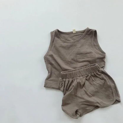 ノースリーブセットアップ キッズセットアップ 2点セット タンクトップ+ショートパンツ シンプルベーシック 4カラー【mh0004518】