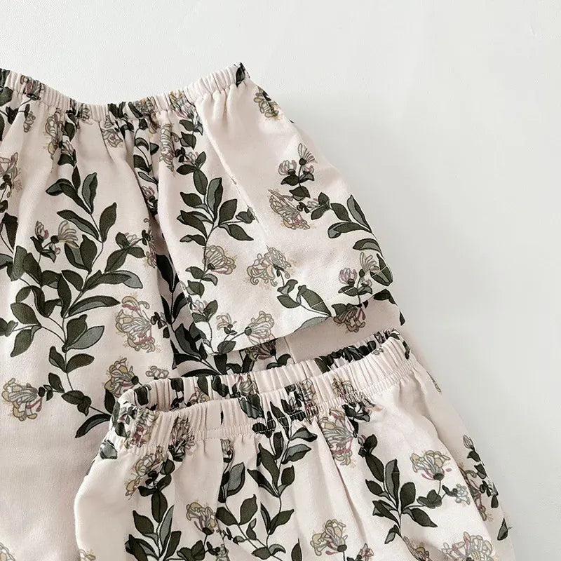 半袖セットアップ キッズセットアップ 2点セット ダブルガーゼ 半袖スモックブラウス+バルーンショートパンツ ボタニカルプリント ルームウェア 4カラー【mh0004895】