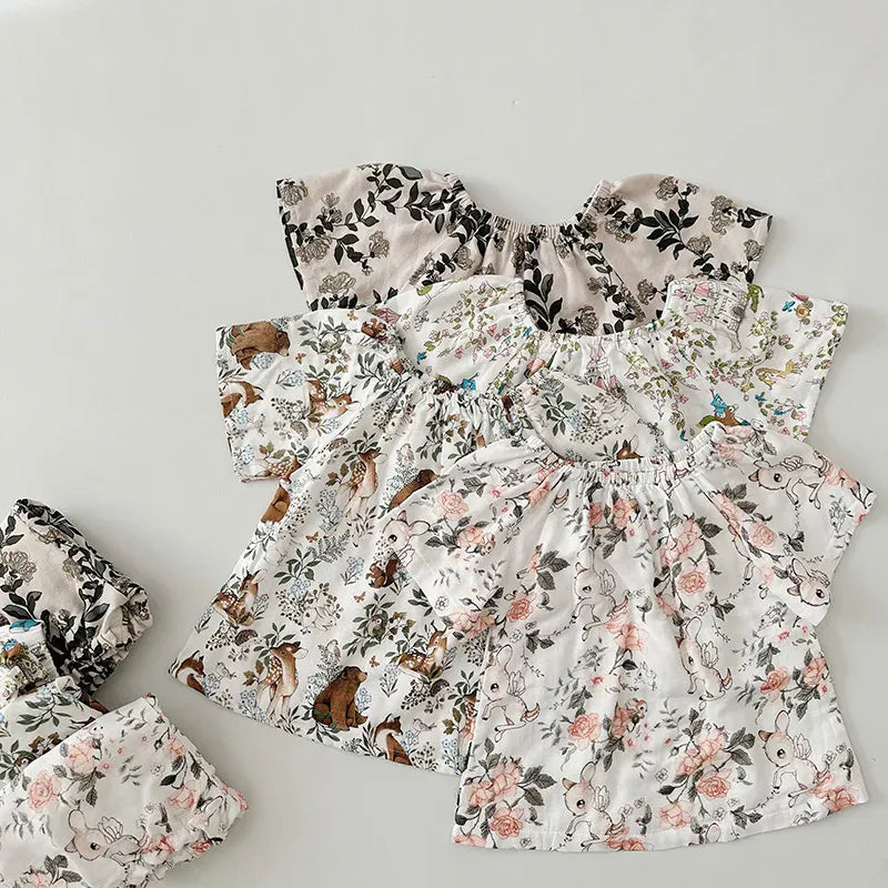 半袖セットアップ キッズセットアップ 2点セット ダブルガーゼ 半袖スモックブラウス+バルーンショートパンツ ボタニカルプリント ルームウェア 4カラー【mh0004895】