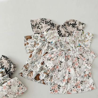 半袖セットアップ キッズセットアップ 2点セット ダブルガーゼ 半袖スモックブラウス+バルーンショートパンツ ボタニカルプリント ルームウェア 4カラー【mh0004895】