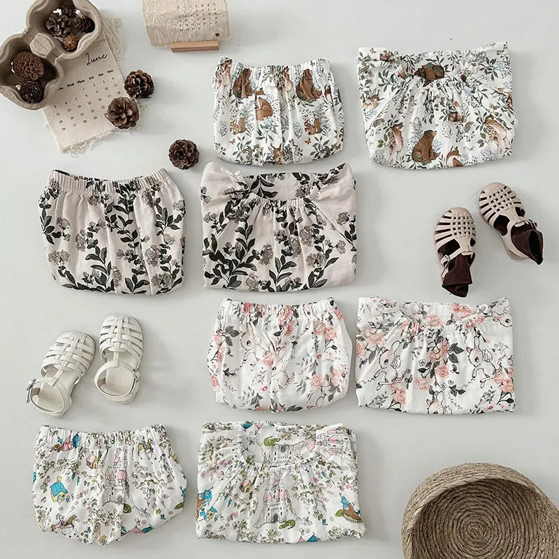 半袖セットアップ キッズセットアップ 2点セット ダブルガーゼ 半袖スモックブラウス+バルーンショートパンツ ボタニカルプリント ルームウェア 4カラー【mh0004895】