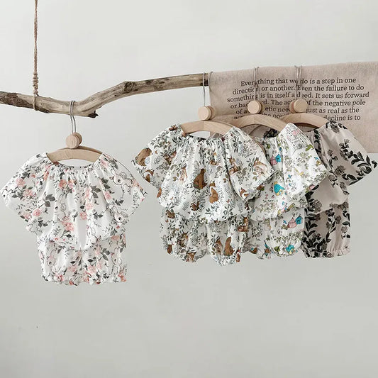 半袖セットアップ キッズセットアップ 2点セット ダブルガーゼ 半袖スモックブラウス+バルーンショートパンツ ボタニカルプリント ルームウェア 4カラー【mh0004895】